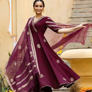 GoSriKi Women’s Elegant Wine Anarkali Kurta Set with Dupatta | Printed Traditional Soft Rayon Fabric