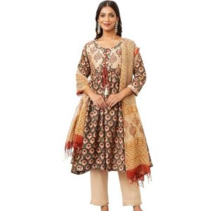 Myx Women's Silk Chanderi Handblock Printed Authentic Kurta Set with Dupatta (Alia Cut | Bagru Print)